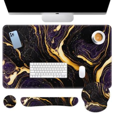 Imagem de Britimes Conjunto de mouse pad de mármore dourado roxo e preto tapete de mesa 4 em 1 grande mousepad + teclado descanso de pulso + descanso de pulso para mouse + porta-copos design ergonômico para
