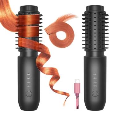 Imagem de Satxtrem Modelador de cachos 2 em 1 sem fio e escova alisadora, modelador de cabelo aquecido (preto)