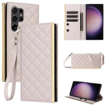Imagem de Capa de celular com alça de pulso Crossbody para Samsung Galaxy S23 S21 FE S24 S22 Ultra Plus Carteira com porta-cartão Capa de couro Preserve, branca, para Galaxy S24 Plus