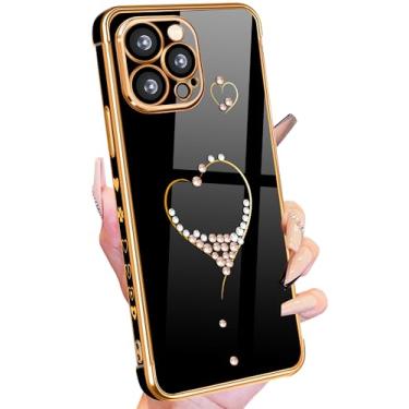 Imagem de Petitian Capa para iPhone 14 Pro Max, capas de telefone lindas para mulheres e meninas com coração brilhante para iPhone 14 Pro Max, capa de telefone feminina banhada a ouro para 14 Pro Max com protetor de câmera preta