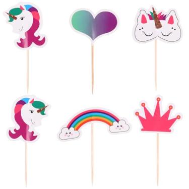 Imagem de CCINEE 48 peças de topos de cupcake de unicórnio arco-íris, palhetas de papel de dupla face para decoração de bolo de unicórnio para festa de aniversário, decoração de sobremesa