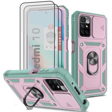 Imagem de Capa para Xiaomi Redmi 10 com 3 peças, protetor de tela de vidro temperado, suporte de anel integrado + capa para câmera, PC rígido e TPU Defender armadura protetora completa - rosa/verde