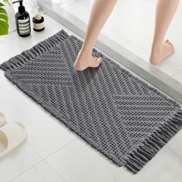 Imagem de H.VERSAILTEX Tapete de banheiro waffle super absorvente boho tapete de banho antiderrapante tapetes de banheiro lavável na máquina tapetes de banheiro rápido com borlas, 43 cm x 61 cm, cinza