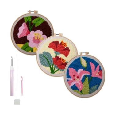 Imagem de rockible Kit de ponto de partida do bordado da agulha do punção kit de ponto cruzado com kit de costura de punção de padrão de flores para decoração para, Escuro