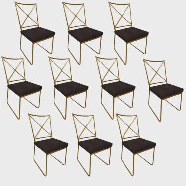 Imagem de Kit 10 Cadeiras Sala de Jantar Escritório Office Clark Industrial Ferro Dourado Sintético Marrom - Ahz Móveis