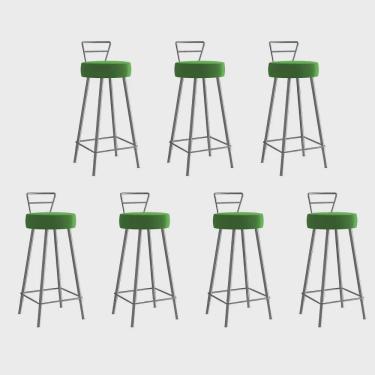 Imagem de Kit 07 Banqueta Alta Com Encosto Tina Eiffel Cozinha Bar Bistrô Ferro Cinza Corino Verde - Ahz Móveis
