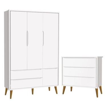 Imagem de Jogo de Quarto Infantil Theo Retrô Guarda Roupa 3 Portas e Cômoda com Pés Amadeirado - Reller Móveis Branco Fosco
