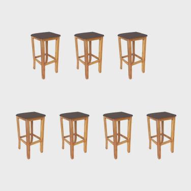 Imagem de Kit 07 Banqueta Alta Cally Gourmet Balcão Bistrô Cozinha Base Madeira Maciça Sintético Marrom - Ahz Móveis