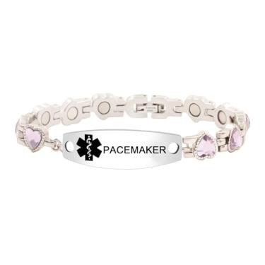 Imagem de Zircobic Pulseira de identificação médica gravada personalizada | elo de coração ajustável de aço inoxidável com zircônia cúbica azul/branca/multi/roxa | Acessório de emergência médica para cuidados