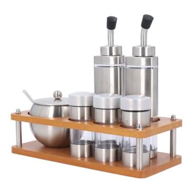 Imagem de Conjunto de Dispensadores de óleo e Vinagre, Conjunto de 6 Dispensador de óleo de Sal e Pimenta de Aço Inoxidável, Organizador de Rack de Especiarias Com Base de Madeira para