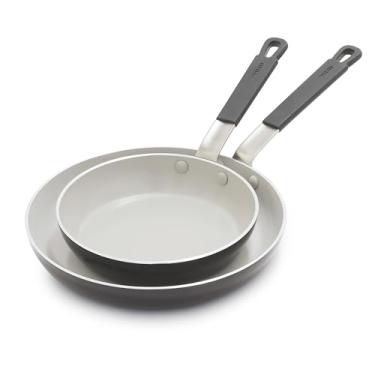 Imagem de GreenPan Conjunto de frigideiras antiaderentes Bobby Flay de 2 peças - 20,32 cm e 25,4 cm, cerâmica diamante livre de PFA, adequado para indução, alça de silicone que permanece fresca, fácil de limpar