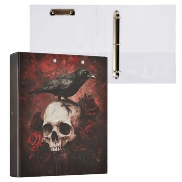 Imagem de Fichário de caveira gótica com corvo e rosas vermelhas, fichário decorativo de 3,8 cm, com prancheta e 3 bolsos transparentes, comporta 200 folhas de papel tamanho A4 à prova d'água para escola