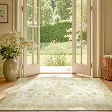 Imagem de jinchan Tapete de entrada lavável 7,5 x 12,8 cm - Tapete de piso interno antiderrapante para cozinha, quarto, lavanderia, sala de estar (9 x 1,5 m, amarelo verde/azul-petróleo)