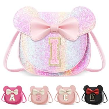 Imagem de XSUIOY Bolsa infantil para meninas, presente de aniversário para crianças, bolsa infantil com inicial personalizada, lindo laço de orelha, presente de menina, Rosa brilhante grande, I, I