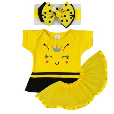 Imagem de Kit Abelhinha Bodycom Tule + Laço Bebê Menina  Fantasia Infantil até 1