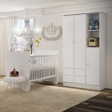Imagem de Quarto De Bebê Completo Berço Com Guarda Roupa 3 Portas 2 Gavetas 2 Nichos Algodão Doce Móveis Percasa Branco