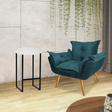 Imagem de Kit Poltrona Opala Com Mesa Will Ferro Preto Tampo Redondo Branco Suede Azul Turquesa - Amey Decor