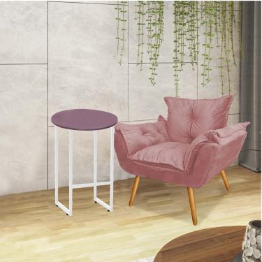 Imagem de Kit Poltrona Opala Com Mesa Will Ferro Branco Tampo Redondo Rose Suede Rose Gold - Amey Decor