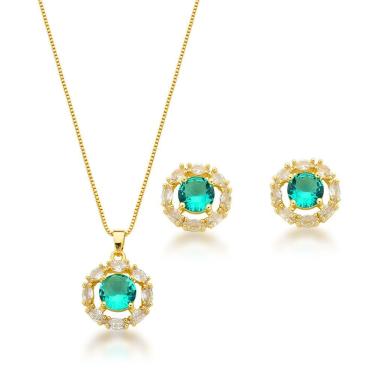 Imagem de Conjunto Colar e Brincos Com Zirconia Verde Clara Banhada A Ouro 18k 45cm
