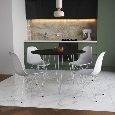 Imagem de Mesa Jantar Redonda 110Cm Preta Clips 3 Pés Com 4 Cadeiras Eames Eiffel Brancas Ferro Branco