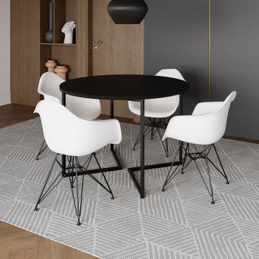 Imagem de Mesa Industrial Jantar Redonda 110Cm Preta Base V Com 4 Poltronas Brancas Eames Daw Ferro Preto