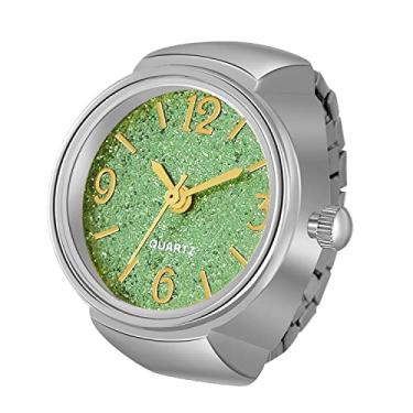 Imagem de JewelryWe Relógio de dedo masculino feminino banhado a ouro e prata anel elástico com mostrador redondo de glitter relógio de quartzo, para o dia dos namorados, Prata - Verde