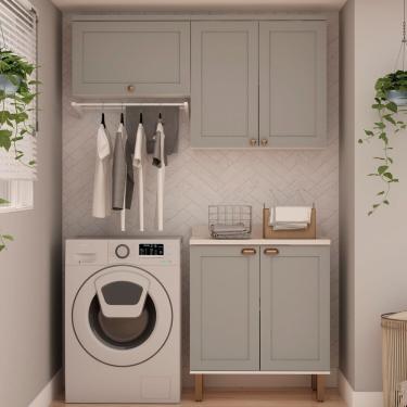 Imagem de Kit área De Serviço Com 3 Módulos Com Portas Provençais Para Lavanderia 100% Mdf Branco Fendi