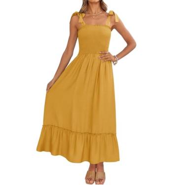 Imagem de ZESICA Vestido longo maxi feminino 2025 verão boho alças finas gola quadrada cor sólida babados linha A praia, Mostarda, P