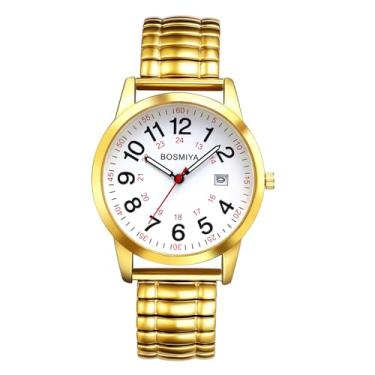 Imagem de JewelryWe Relógios masculinos com faixa elástica: relógio de pulso feminino analógico analógico fácil de ler calendário de aço inoxidável pulseira de expansão comercial casual, Dourado, Adjustable
