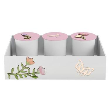 Imagem de Trio de Potes e Bandeja Kit Higiene MDF Flores - Neném na Nuvem, ROSE