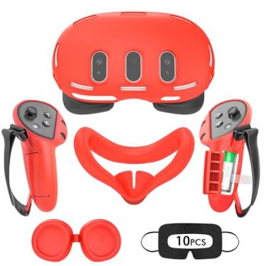 Imagem de Rechale Conjunto De Capa Silicone Para Meta Quest 3, Design Atualizado, Proteção Total, Acessórios Realidade Virtual 4 Em 1, Oculus, Presente Ideal Aniversário E Natal (Vermelho)
