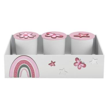 Imagem de Trio de Potes e Bandeja Kit Higiene MDF Arco Íris - Neném na Nuvem, RO