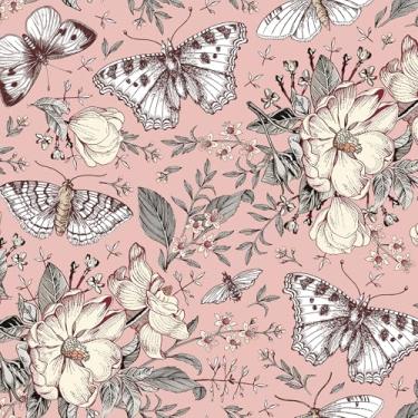 Imagem de FunStick 44,5 cm x 299,7 cm Borboleta e Flores Rosa Retrô Papel de Parede Descasque e Cole Flores Rosa Papel de Parede Removível