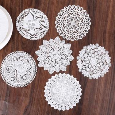 Imagem de 6 peças de toalhas vintage de renda de algodão branco para mesas, jogo americano redondo de renda de 15 cm, porta-copos feitos à mão, para móveis, cozinha, sala de jantar, bandejas de sobremesa