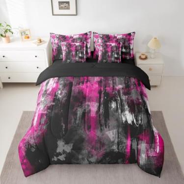 Imagem de jejeloiu Conjunto de edredom geométrico abstrato com lençol Queen, tamanho Queen, rosa choque, preto, 7 peças, arte moderna, para todas as estações, respirável, macio, leve, geométrico, decoração de