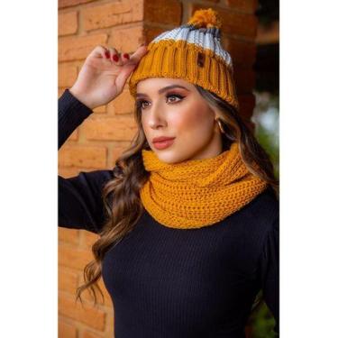 Imagem de Conjunto Touca Pompom Listrada Com Cachecol Gola Lã Macio Quentinho - 