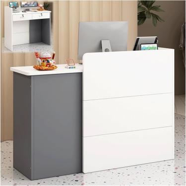 Imagem de Balcão De Recepção De Canto Patchwork Multifuncional Caixa Gaveta Com Trava Design De Defletor Arredondado Estação De Trabalho De Computador Balcão De Varejo Moderno, Grey, 100cm