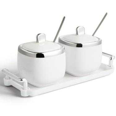 Imagem de EABOSON Açucareiro de cerâmica, pacote com 2, pote de tempero de porcelana com bandeja, colher e tampa para açúcar, pimenta, café, especiarias, sal (prata)