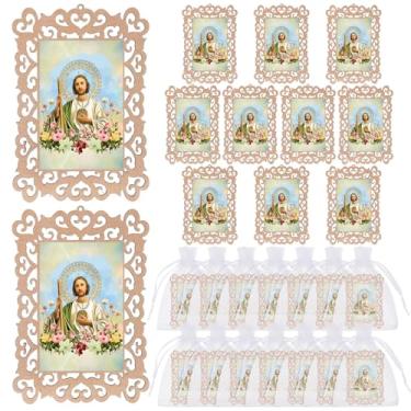 Imagem de Quelay 24 molduras de madeira de São Judas católico com sacos de presente de organza, lembrancinhas de batismo para convidados, primeira comunhão, batizado, memorial, presente para convidados