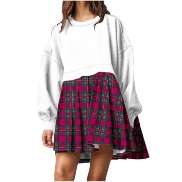 Imagem de Vestidos de brunch rosa choque para mulheres, verão, outono, manga comprida, gola redonda, comprimento médio, comprimento até o joelho, caimento solto, plus size, vestidos xadrez franzidos, roupas M