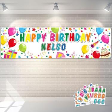Imagem de Tatuo Banner de aniversário personalizado com nome DIY pano de fundo colorido de feliz aniversário com adesivos do alfabeto Banner de aniversário personalizado para decoração de festa de aniversário