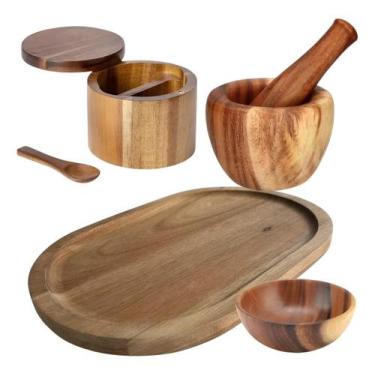 Imagem de Kit Utensílios de Cozinha em Madeira Acácia  4 Peças Saleiro Duplo, Bo