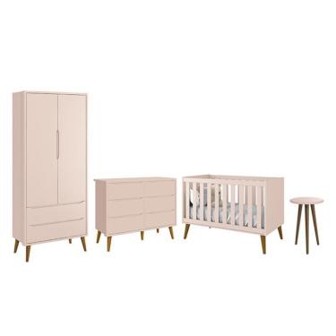 Imagem de Dormitório Completo Infantil Theo 2 Portas, Cômoda 6 Gavetas, Berço e Mesa de Canto com Pés Amadeirado - Reller Móveis Rosa Fosco