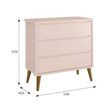 Imagem de Dormitório Infantil Theo Retrô 3 Portas, Cômoda, Berço com Pés Amadeirado e Colchão - Reller Móveis Rosa Fosco