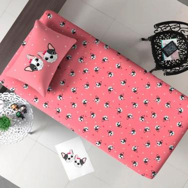 Imagem de Jogo De Cama Portallar Solteiro Malha Mista 70% Algodão E 30% Poliéster Joy Bulldog Francês 2 Peças Rose