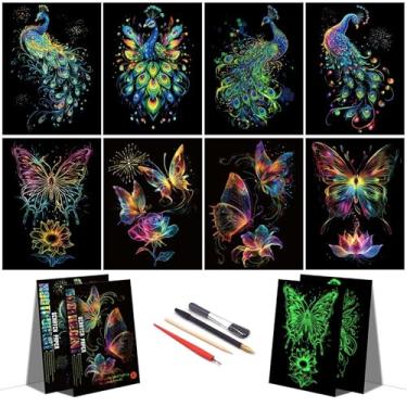 Imagem de DESINIK Arte de arranhões para adultos – Papel de arte arco-íris que brilha no escuro, kit criativo de pintura de arranhões de arco-íris, alívio de estresse para decoração de casa/escritório