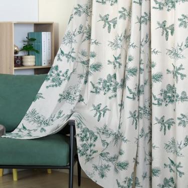 Imagem de Cortinas de linho verde retrô ramos folha decorativa cortina de janela semi blackout rústicas rústicas para sala de estar quarto, 2 painéis, 132 x 213 cm
