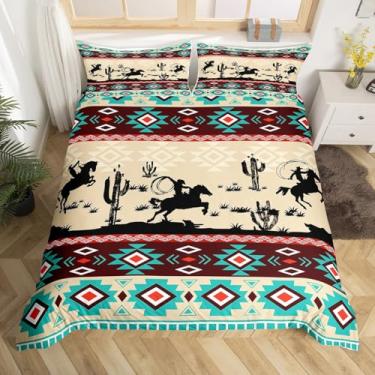 Imagem de Feelyou Conjunto de capa de edredom de decoração ocidental amarelo vermelho do sudoeste, cavalo galopante, caubói ocidental, geométrico, tribal, conjunto de capa de edredom tamanho casal de rodeio