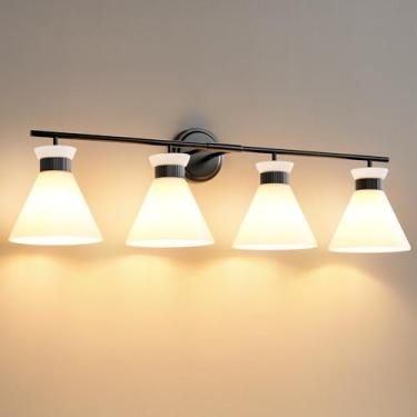 Imagem de WOSHITU Luminárias De Banheiro Pretas: Sobre Espelho 36" Com Vidro Fosco Branco Leitoso, 4 Lâmpadas, Luminária Parede Vintage Estilo Fazenda (Sem Lâmpada)