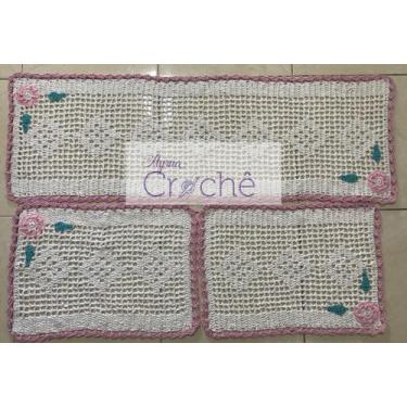 Imagem de Kit Cozinha Crochê Retangular Médio com Aplicação 3 Peças - Myrna Croc